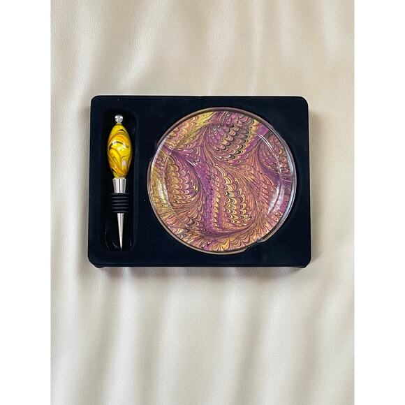 Marbleized Wine Coaster & Bottle Stopper Two's Company Set  4.5" - Picture 1 of 9